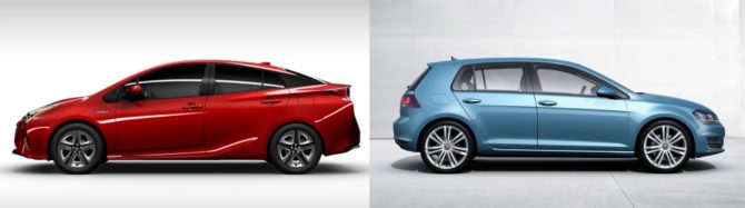 Toyota Prius krzyczy swoim futuryzmem: "Jestem eko!". Volkswagen Golf swoim konserwatyzmem krzyczy: "Mam silnik TDI!" / Źródło; Producenci