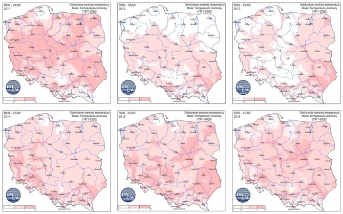 zmiany klimatyczne temperatury polska 2011-2016