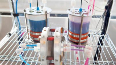 Prototyp płynnej organicznej baterii / Źródło: Eliza Grinnell, SEAS Communications